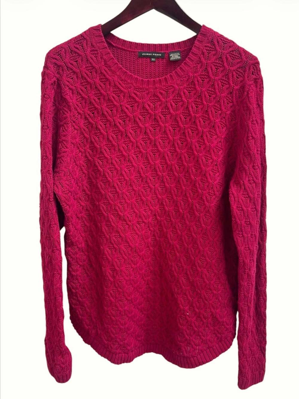 Jeanne Pierre 100% Cotton Red Sweater XL Crewneck Fisherman Relaxed Fit Holiday
